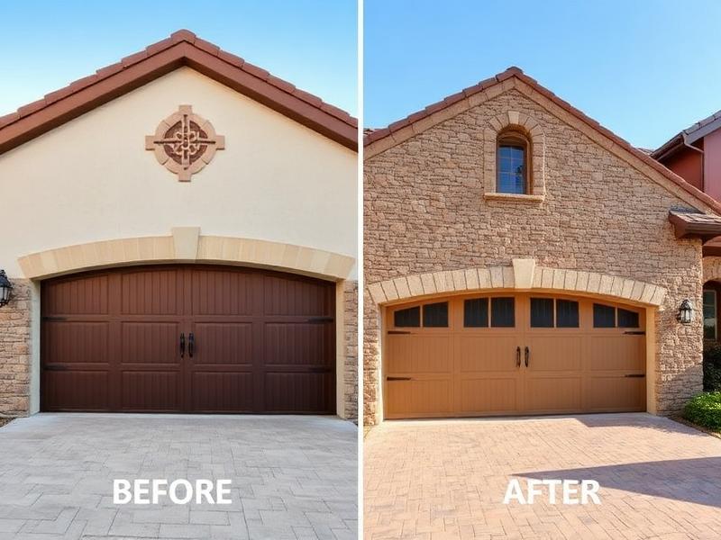 Before and after garage door transformation with Tuscan inspired design and stone surround