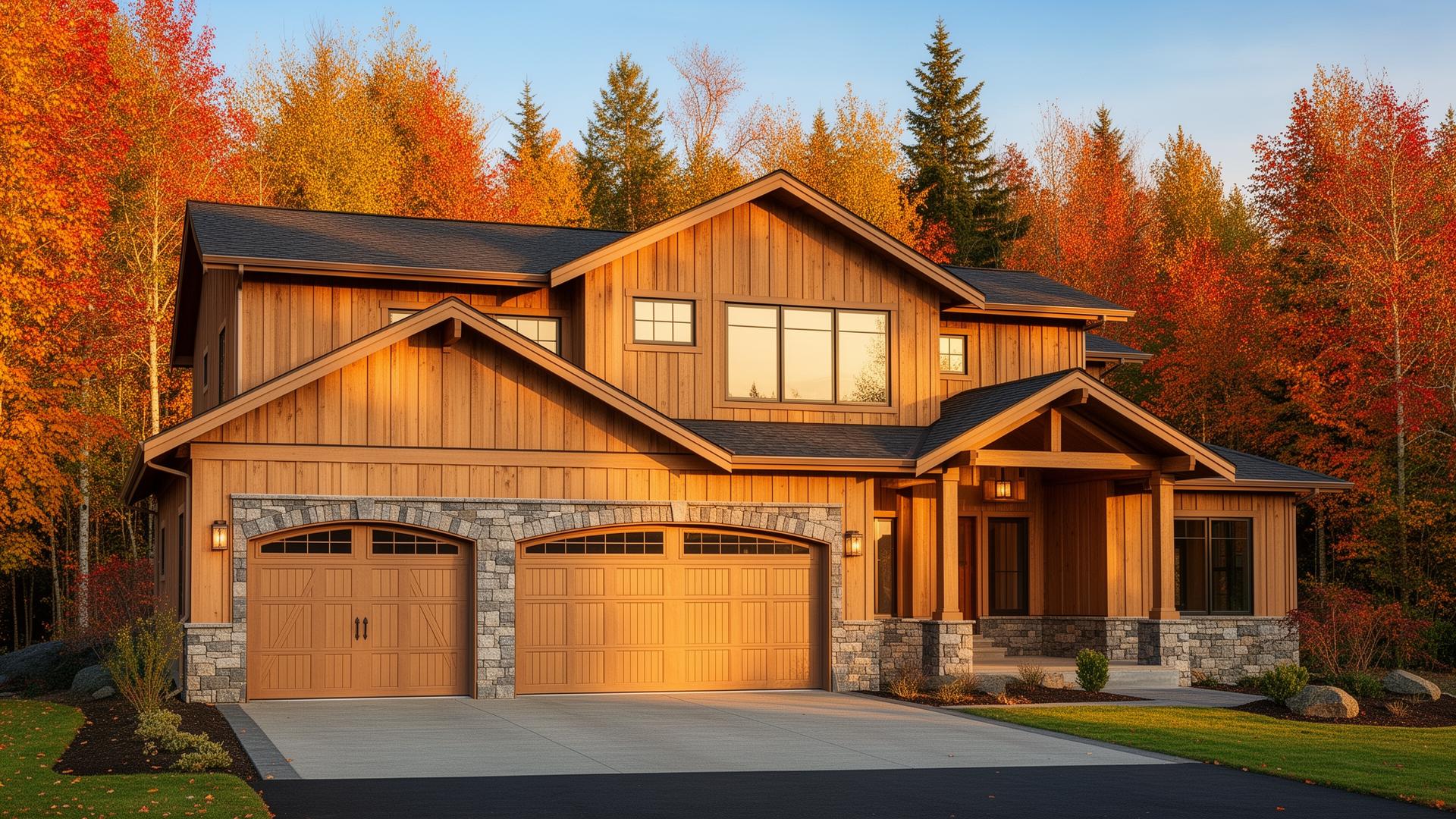 Beautiful Tuscan inspired garage doors with stone surround on Pacific Northwest home in autumn