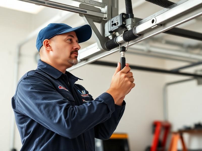 Certified garage door technician performing balance testing and maintenance